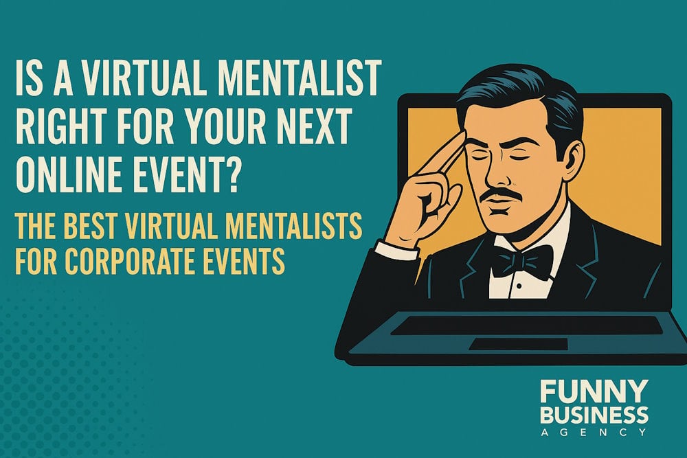 a virtual mentalist in a tuxedo appearing on a laptop screen with headline text “Is a Virtual Mentalist Right For Your Next Online Event?” and subhead “The Best Virtual Mentalists for Corporate Events.”