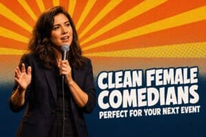Female stand-up comedian at a microphone — clean female comedians for hire for corporate events and fundraisers