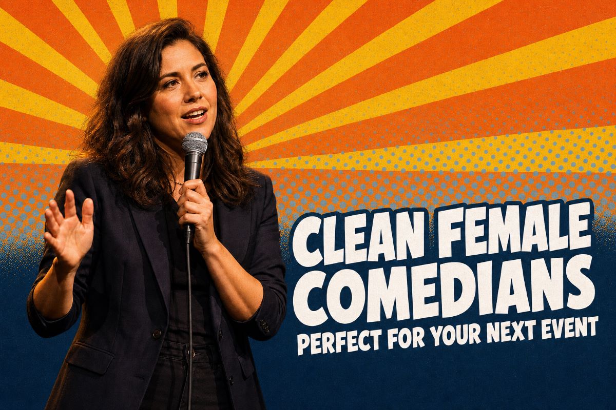 Female stand-up comedian at a microphone — clean female comedians for hire for corporate events and fundraisers