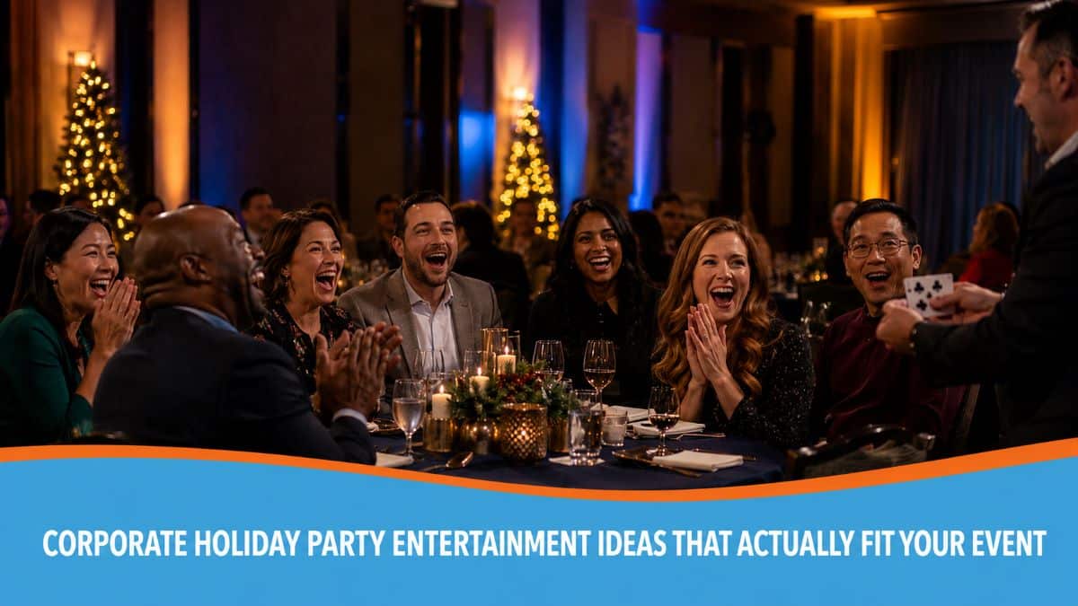corporate entertainer performing at a corporate holiday party for a large seated audience