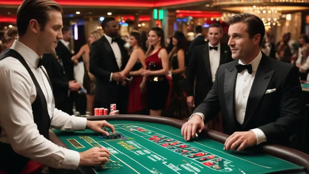 Corporate Christmas party transformed into a casino night with blackjack, poker tables, and roulette