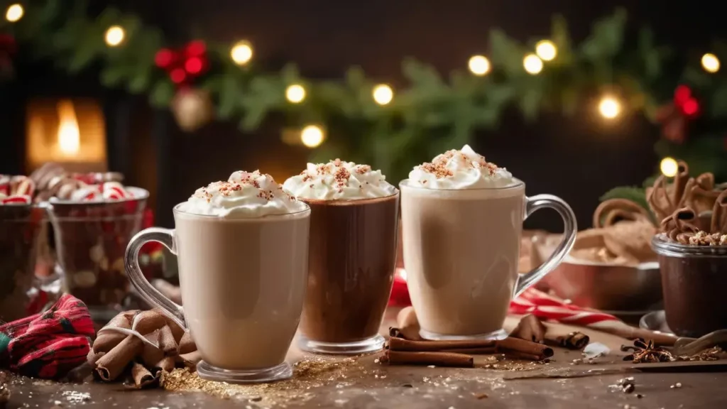 Gourmet hot chocolate bar with toppings like marshmallows, whipped cream, and peppermint sticks at a corporate Christmas party