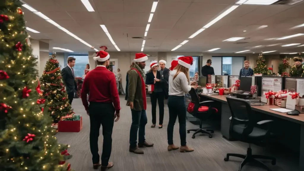 Employees participating in a holiday-themed scavenger hunt around the office