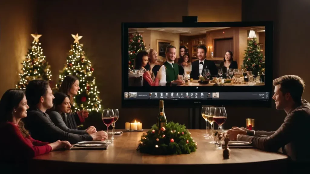 Remote employees participating in a virtual wine tasting event during a corporate Christmas party