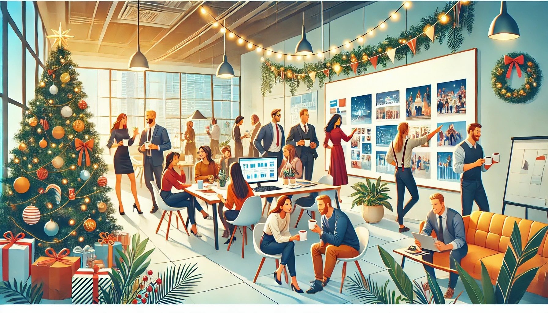 Stylized digital illustration of employees in a modern office celebrating the success of their holiday party while discussing future events. Some review photos on a laptop, while others chat and enjoy coffee. The setting includes subtle holiday decorations like string lights, creating a cheerful yet professional atmosphere.