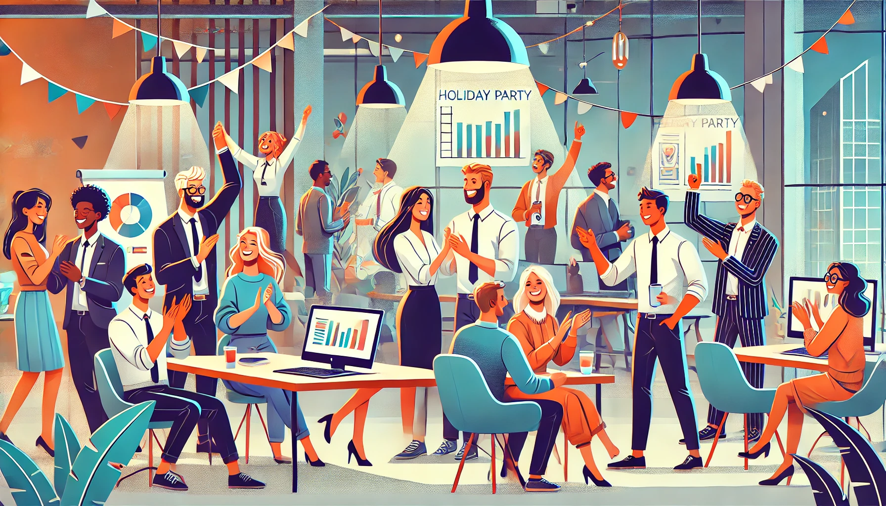 Stylized digital illustration of a diverse group of office employees in a modern workspace celebrating after a holiday party. Some are giving high-fives, while others are gathered around a laptop, reviewing event photos and feedback forms. The cheerful atmosphere includes string lights and party hats in the background.