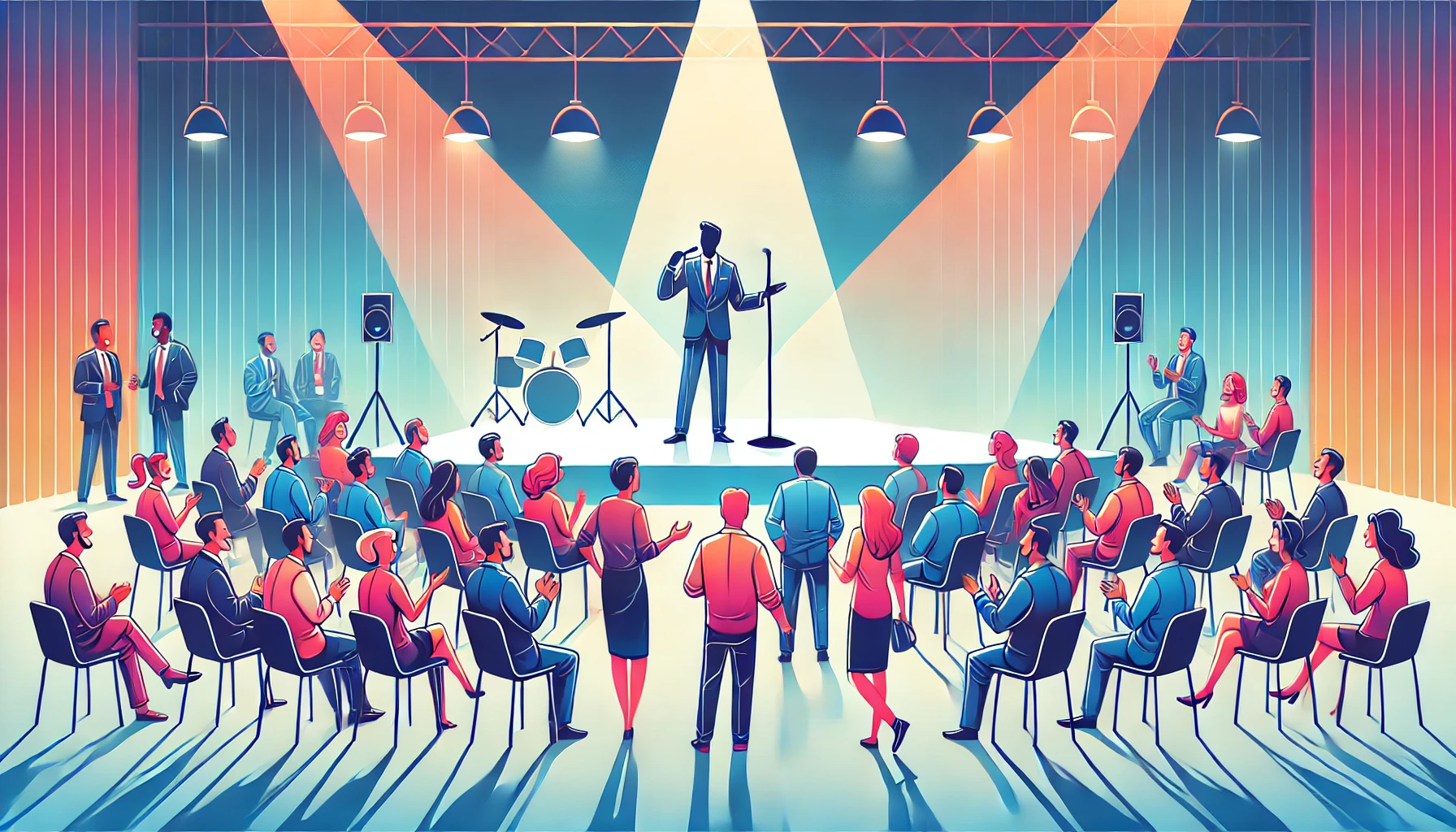 Stylized digital illustration of a comedian performing on stage at a corporate event, engaging a diverse audience of employees who are laughing and enjoying the show. The background is minimalistic with soft lighting and a simple stage design.