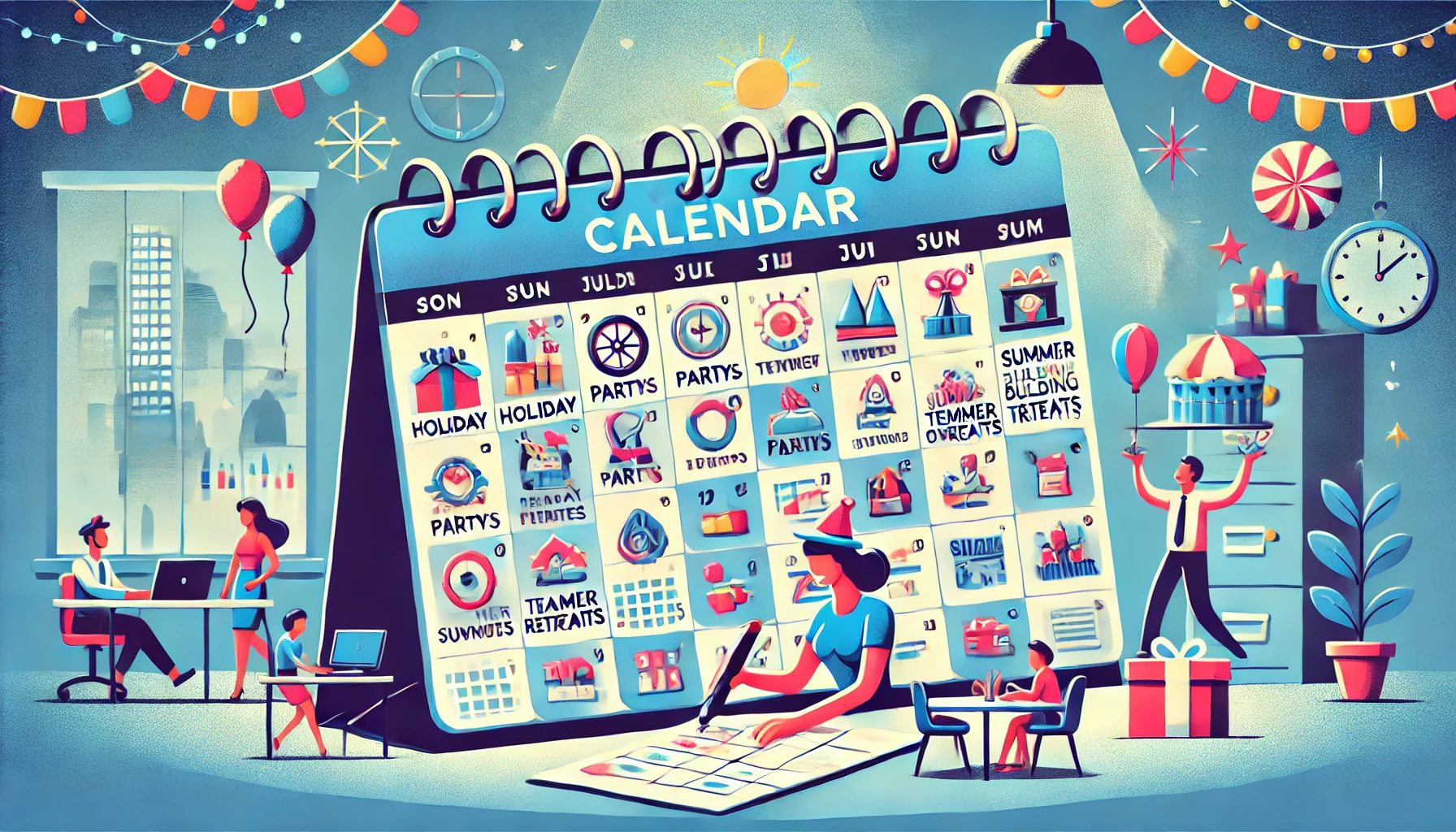 Stylized digital illustration of an office worker marking dates on a large event planning calendar. Icons representing holiday parties, team-building retreats, summer outings, and corporate conferences surround them, symbolizing future event preparation.