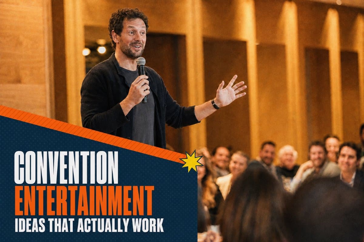 Comedian performing for an engaged audience at a corporate convention