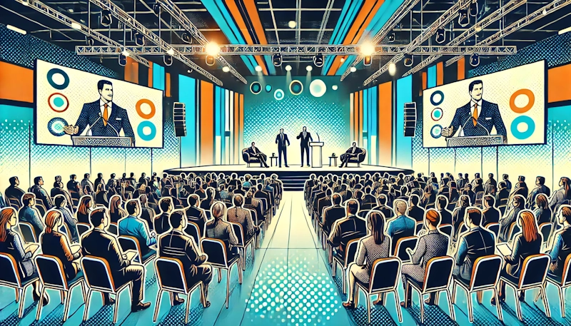 A corporate conference featuring motivational speakers delivering inspirational talks on a well-lit stage. A large audience in business attire listens attentively, with dynamic visual displays in the background. The setting is a structured, professional convention hall with a lively and engaging atmosphere. The illustration is in retro pop art style with bold outlines, halftone textures, and a dynamic, professional yet energetic aesthetic.