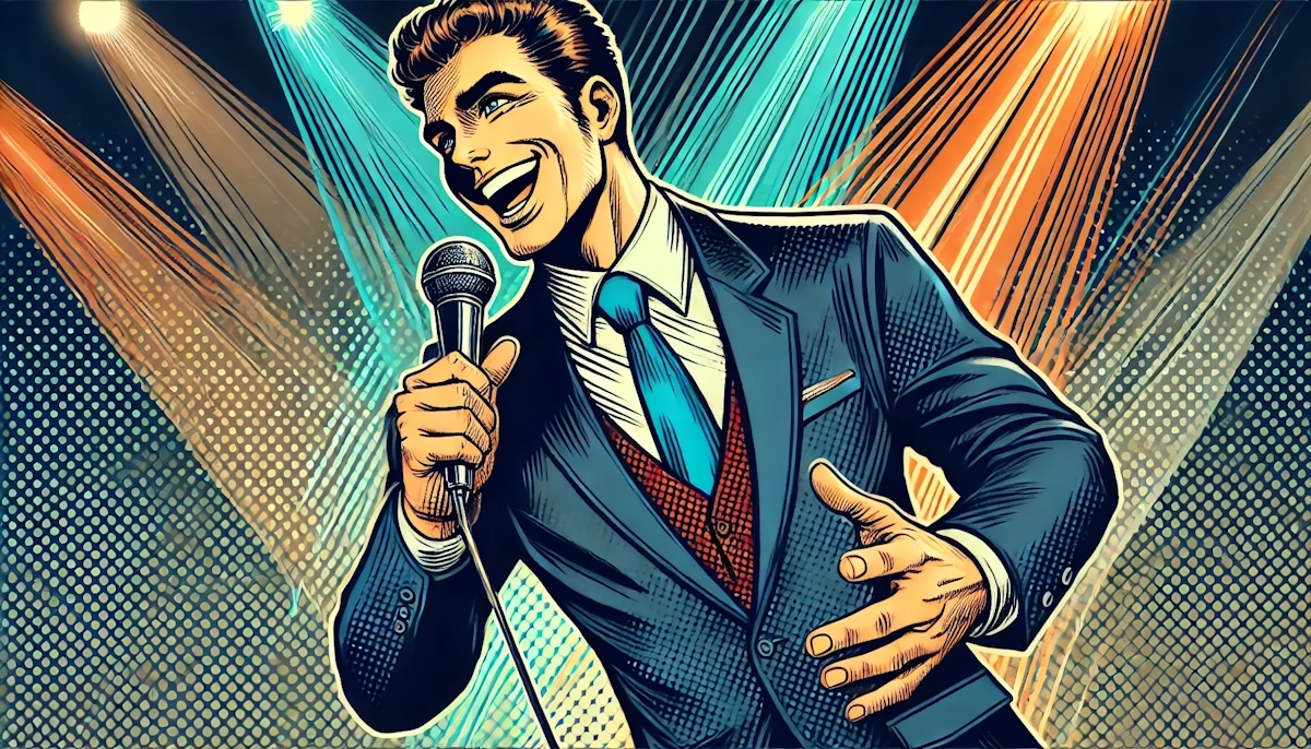 A close-up of an entertainer on stage at a corporate event, wearing a suit and holding a microphone with an engaging expression. The stage lighting highlights the performer, creating a lively and professional atmosphere. The illustration is in retro pop art style with bold outlines, halftone textures, and a dynamic, fun yet sophisticated aesthetic.