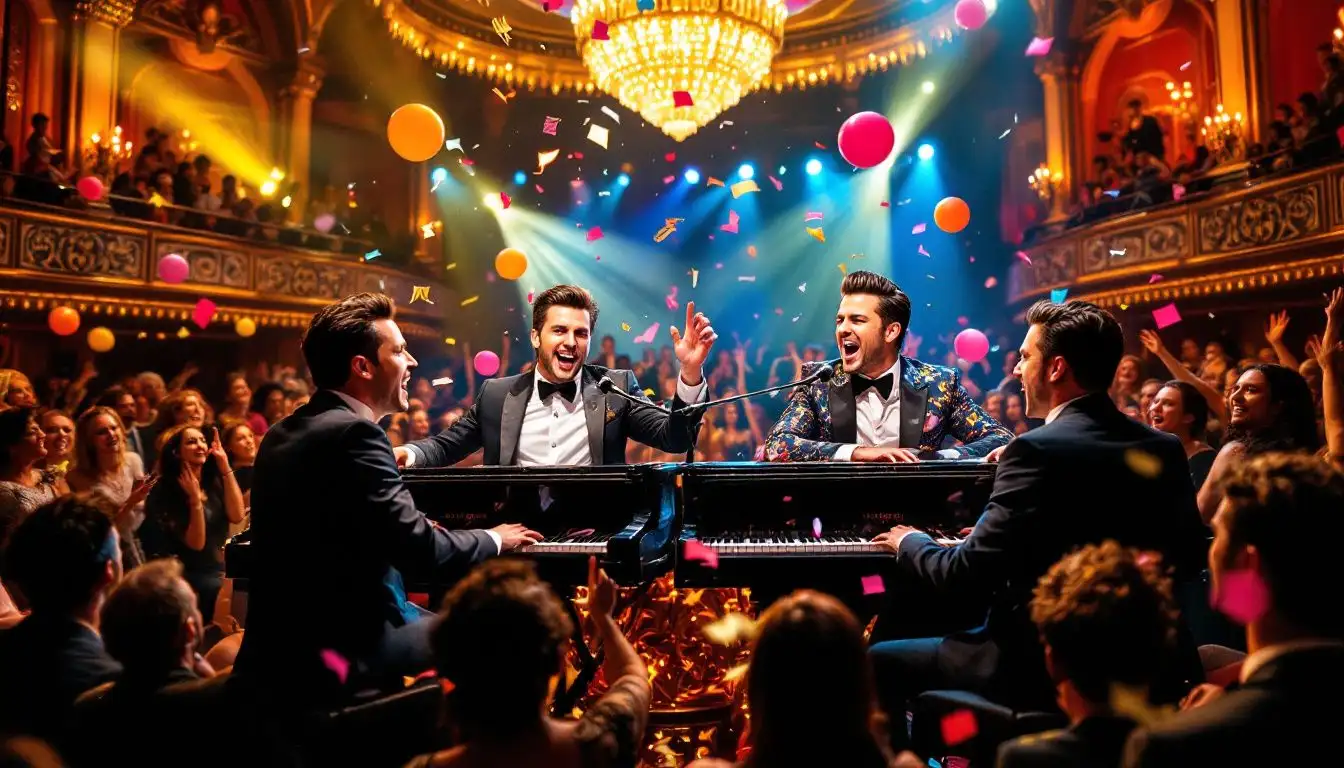 Audience enjoying popular songs and sing-alongs at a dueling pianos show.