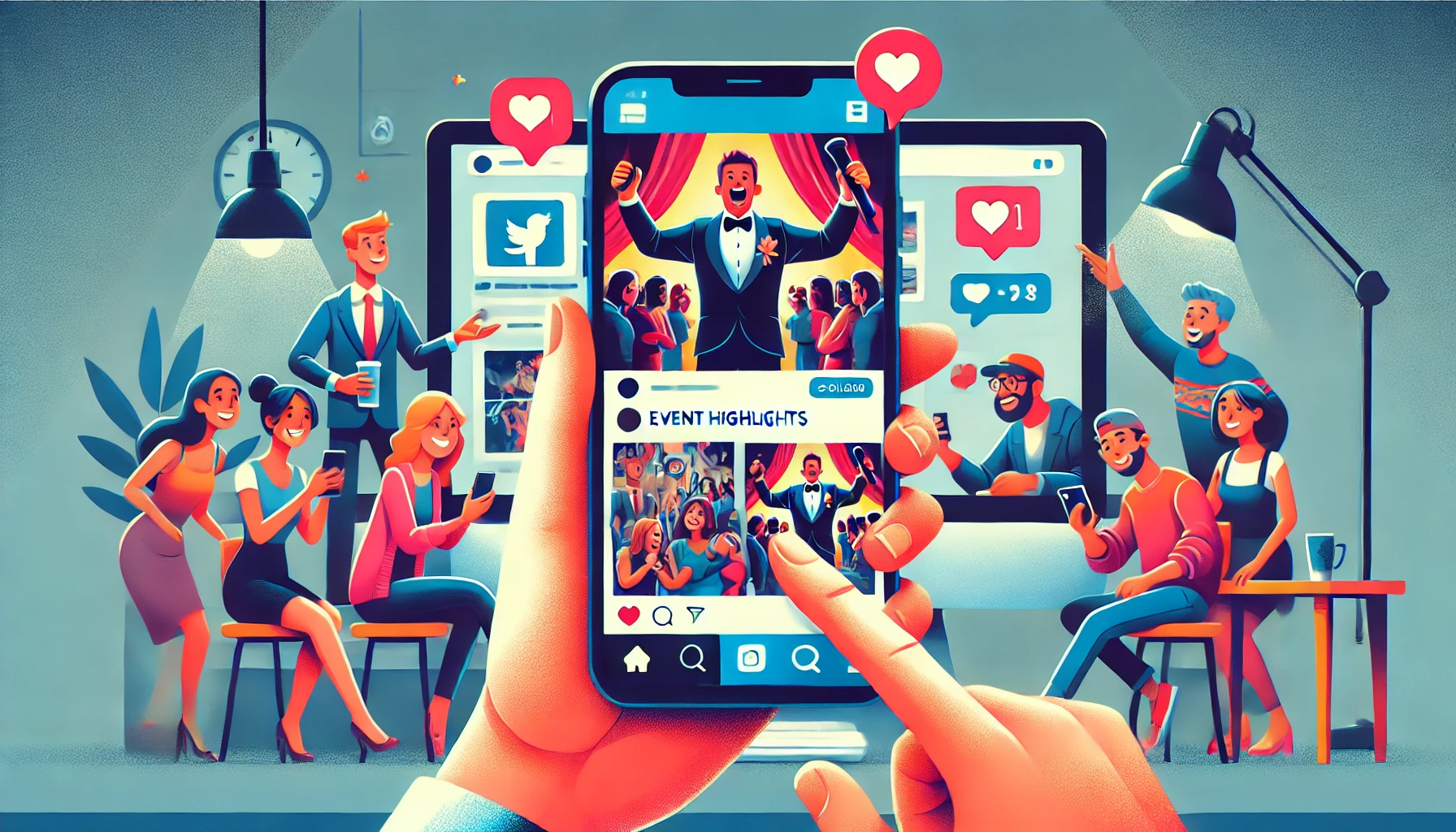 Stylized digital illustration of a person using a smartphone to post holiday party highlights on social media. The phone screen displays images of guests laughing, posing for photos, and a performer on stage, while colleagues in the background react to the shared content.