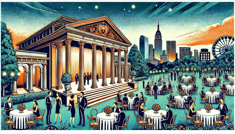 An outdoor corporate event venue featuring a historical amphitheater with classical architecture, lush greenery, and a stunning cityscape in the background. Attendees in business attire are networking and dining at elegantly set tables under soft evening lights. The illustration is in retro pop art style with bold outlines, halftone textures, and a dynamic, sophisticated yet welcoming aesthetic.