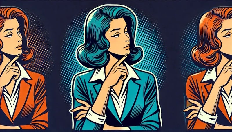 A retro pop art-style illustration of a female event planner in a thoughtful decision-making pose, with no background elements or distractions. The design is clean, bold, and professional, using Funny Business Agency’s signature colors.