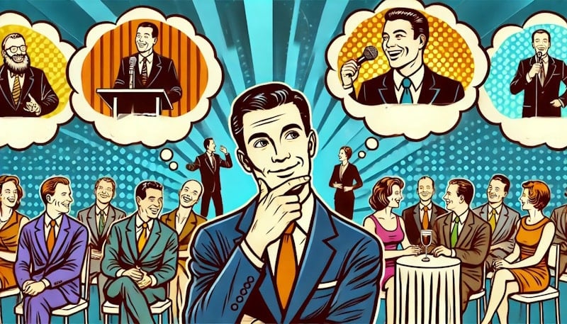A retro pop art-style illustration featuring a central professional figure thoughtfully considering entertainment choices. The background is clean with subtle hints of event-related elements like a stage spotlight or event badge. The design is bold, structured, and engaging, using Funny Business Agency’s signature colors