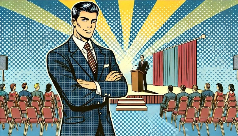 A confident event planner standing proudly in front of a successful conference stage, symbolizing the impact of making the right entertainment choice for a standout event. The scene conveys accomplishment and event success.