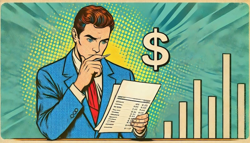 An event planner holding a calculator and making financial decisions, representing strategic budgeting for corporate event entertainment. The clean and minimalistic composition emphasizes cost-effective event planning.