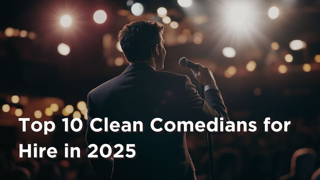 A professional comedian stands on stage with a microphone, facing a well-lit audience in a comedy club setting. The text overlay reads, "Top 10 Clean Comedians for Hire in 2025." The scene conveys a lively and engaging atmosphere, ideal for corporate events and private gatherings.