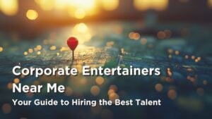 A close-up of a city map with a red location pin, symbolizing finding corporate entertainers near me. Blurred city lights create a warm, inviting atmosphere.