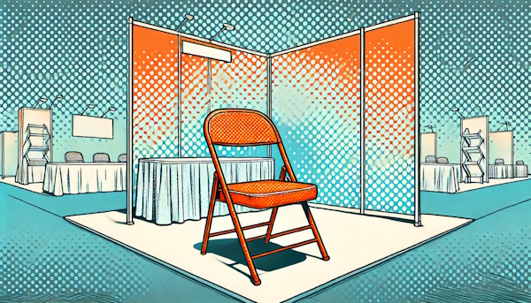 Sad orange folding chair at an empty trade show booth