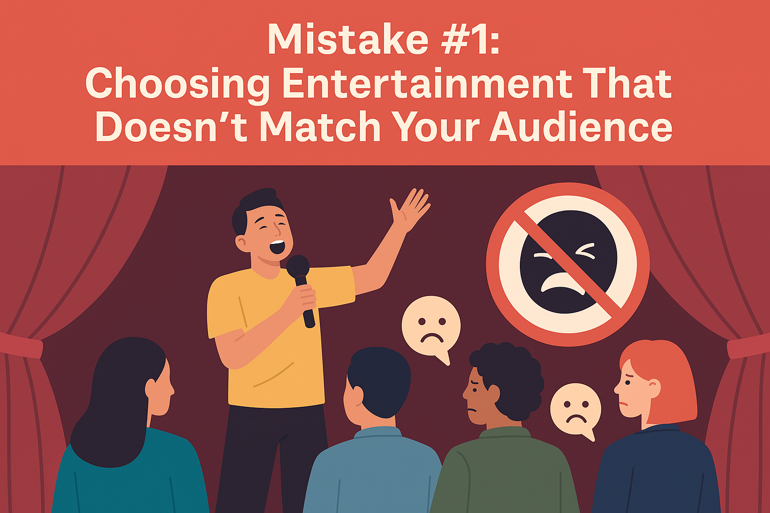 Image of a disengaged corporate audience watching a mismatched comedy performance at a business event.