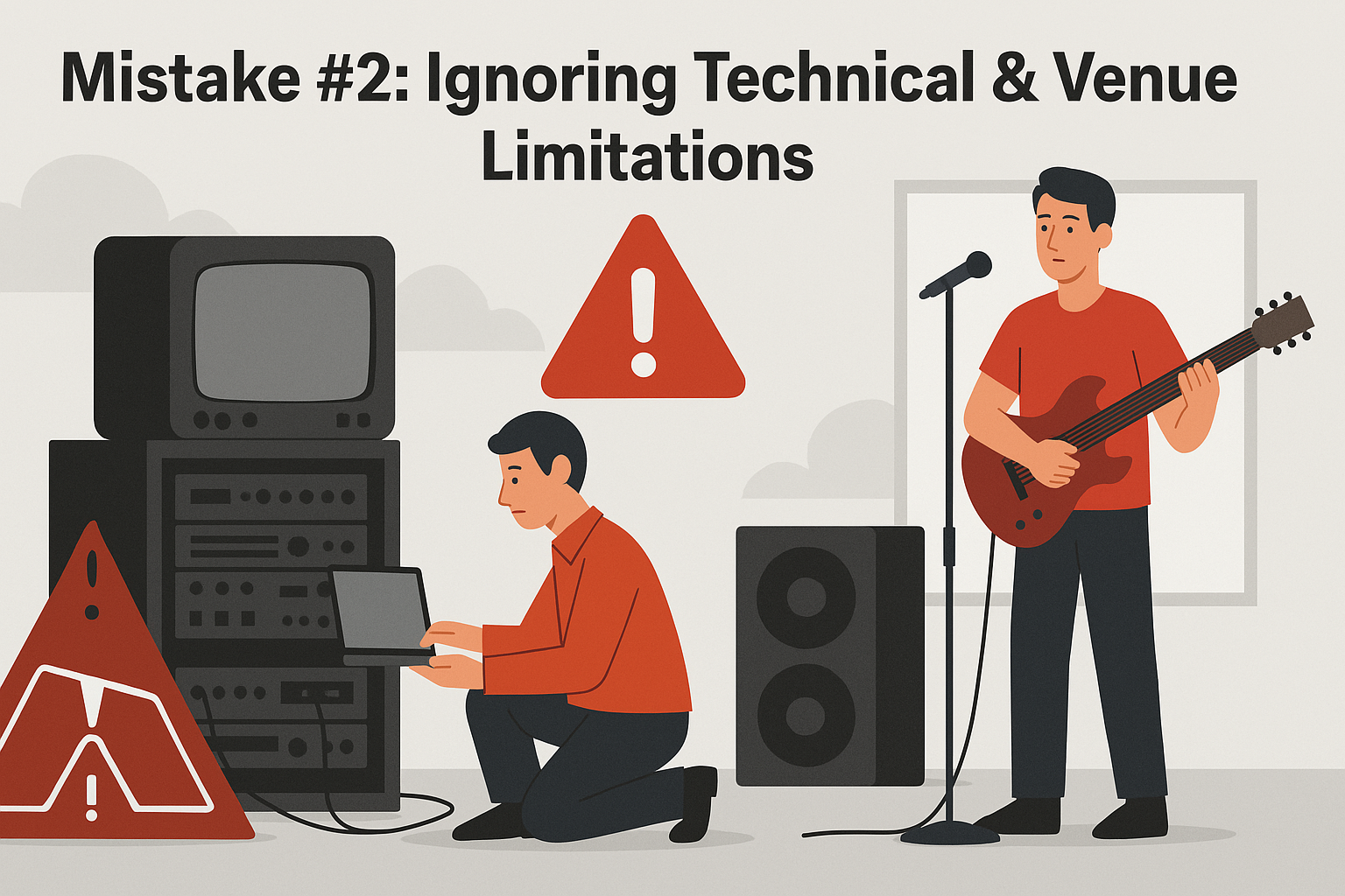 An event technician struggles with outdated AV equipment while a performer waits on stage, highlighting tech misalignment.