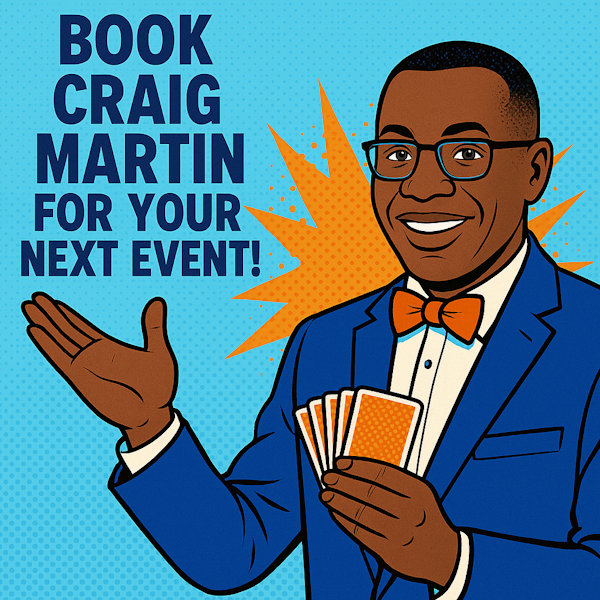 Craig Martin smiling in a blue suit and orange bow tie, holding playing cards and gesturing invitingly, encouraging viewers to book him for their next corporate event.