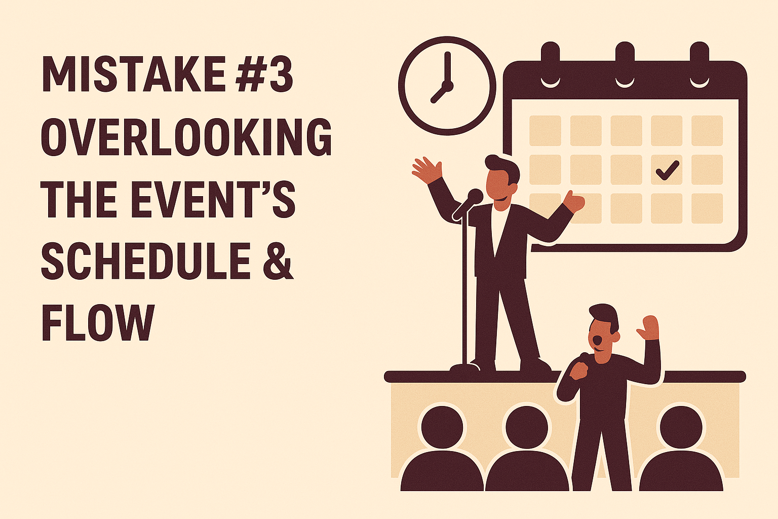 Image showing an event performance clashing with the schedule, with audience looking tired and calendar visuals in the background.