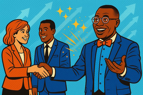 Corporate magician Craig Martin performs as two business professionals shake hands, symbolizing increased client engagement and brand loyalty after a successful appreciation event.