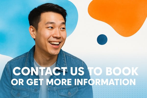 A smiling East Asian man in a denim jacket stands against a bright background with abstract blue and orange shapes. Large white text at the bottom reads "CONTACT US TO BOOK OR GET MORE INFORMATION.
