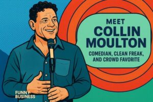 Illustration of clean comedian Collin Moulton performing stand-up comedy, perfect for corporate events, virtual shows, and nonprofit entertainment