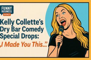 Promotional pop art banner featuring comedian Kelly Collette for her Dry Bar Comedy special "I Made You This," perfect for corporate events and women-focused comedy entertainment