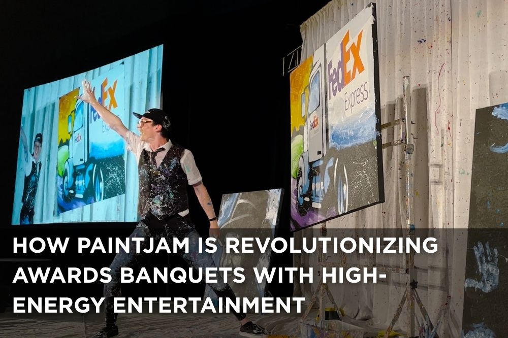 A PaintJam speed painter performs live at a corporate awards banquet, creating a vibrant portrait in front of an engaged audience, demonstrating interactive and high-energy entertainment.