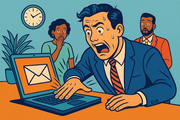 A panicked businessman slams his laptop keyboard after sending an email to the wrong person, with shocked coworkers in a retro pop art office scene – illustrating workplace email blunders featured in The Water Coolers' comedy video.