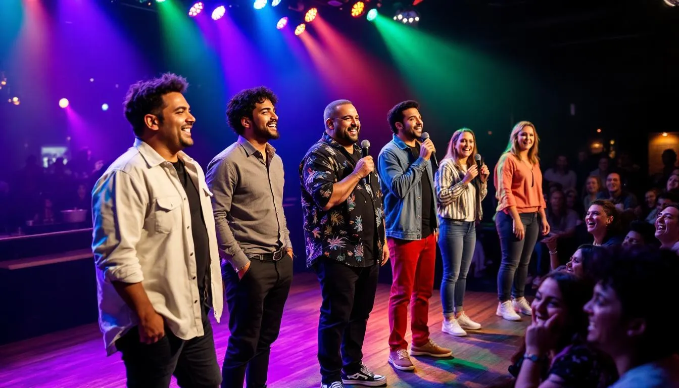 Group of diverse Hispanic and Latina comedians performing stand-up together on stage under colorful lights, entertaining a laughing comedy club audience