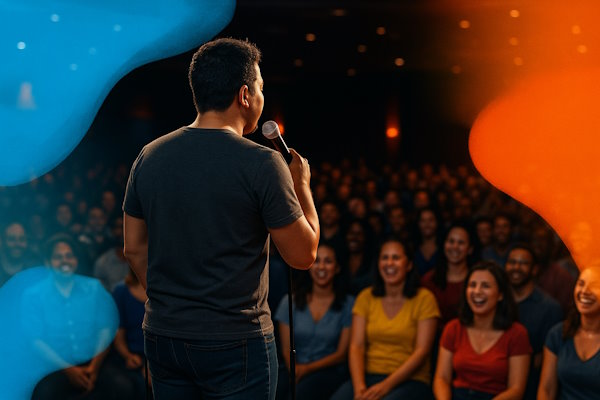 Hispanic male comedian performing stand-up on stage to a diverse, laughing audience in a packed comedy club, with vibrant lighting and colorful overlay