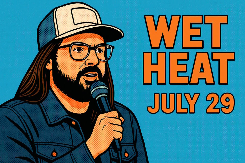 Retro pop-art poster of Dusty Slay on mic with “Wet Heat – July 29” headline