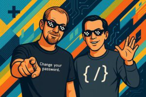 Two tech-savvy magicians from Digital Deception in retro pop art style, perfect for smart magic show events