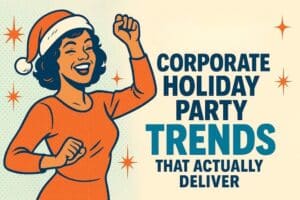 Retro pop art woman dancing in Santa hat beside bold headline for holiday party trends