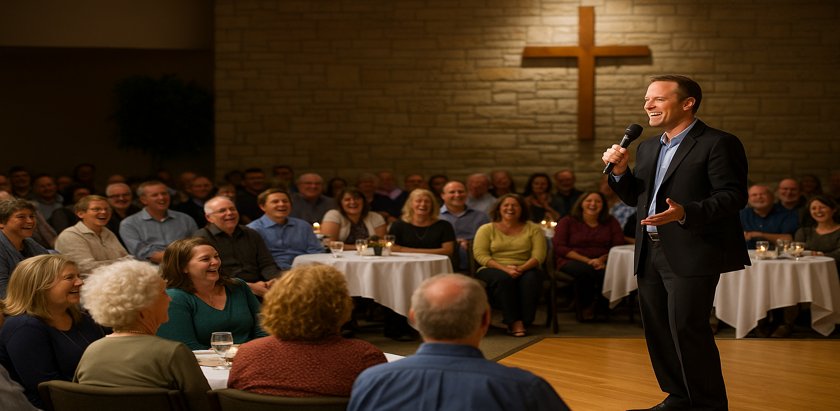 Christian comedian performing at a church banquet with audience laughing.