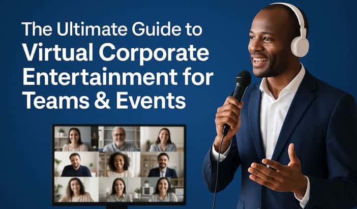 Professional virtual emcee hosting an online corporate event with remote participants on screen, representing Funny Business Agency’s virtual entertainment guide.