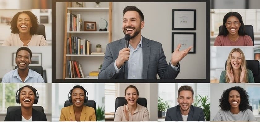 Event planner reviewing options for virtual corporate entertainment including comedian, magician, and emcee on screen.