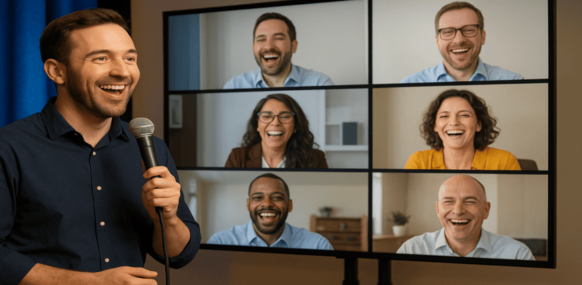 Virtual comedian entertaining remote corporate audience during online team event.