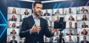 Professional virtual emcee hosting a corporate online event with remote audience on screen.