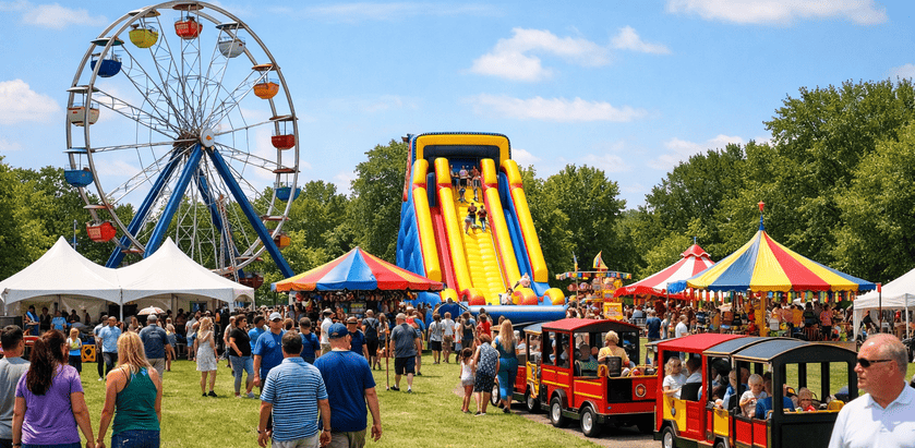 Large Michigan company picnic with carnival rides including Ferris wheel, giant slide, and train ride, with families enjoying a summer festival event.