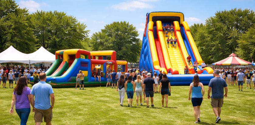 Large inflatable slide and obstacle course at a Michigan company picnic with families enjoying a summer corporate event.