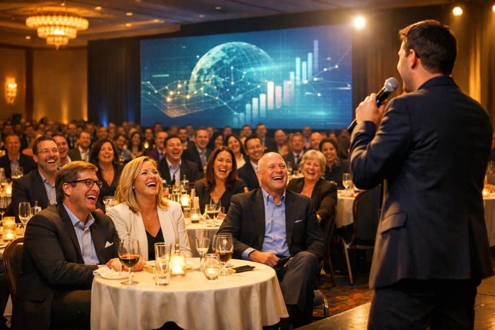 Corporate event audience laughing during live entertainment performance, illustrating the human connection AI cannot replace in event planning
