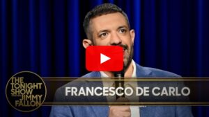 Italian stand-up comedian performing on a major late-night TV stage