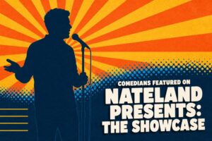 Comedian silhouette at a microphone in retro pop art style for Nateland Presents The Showcase corporate booking post